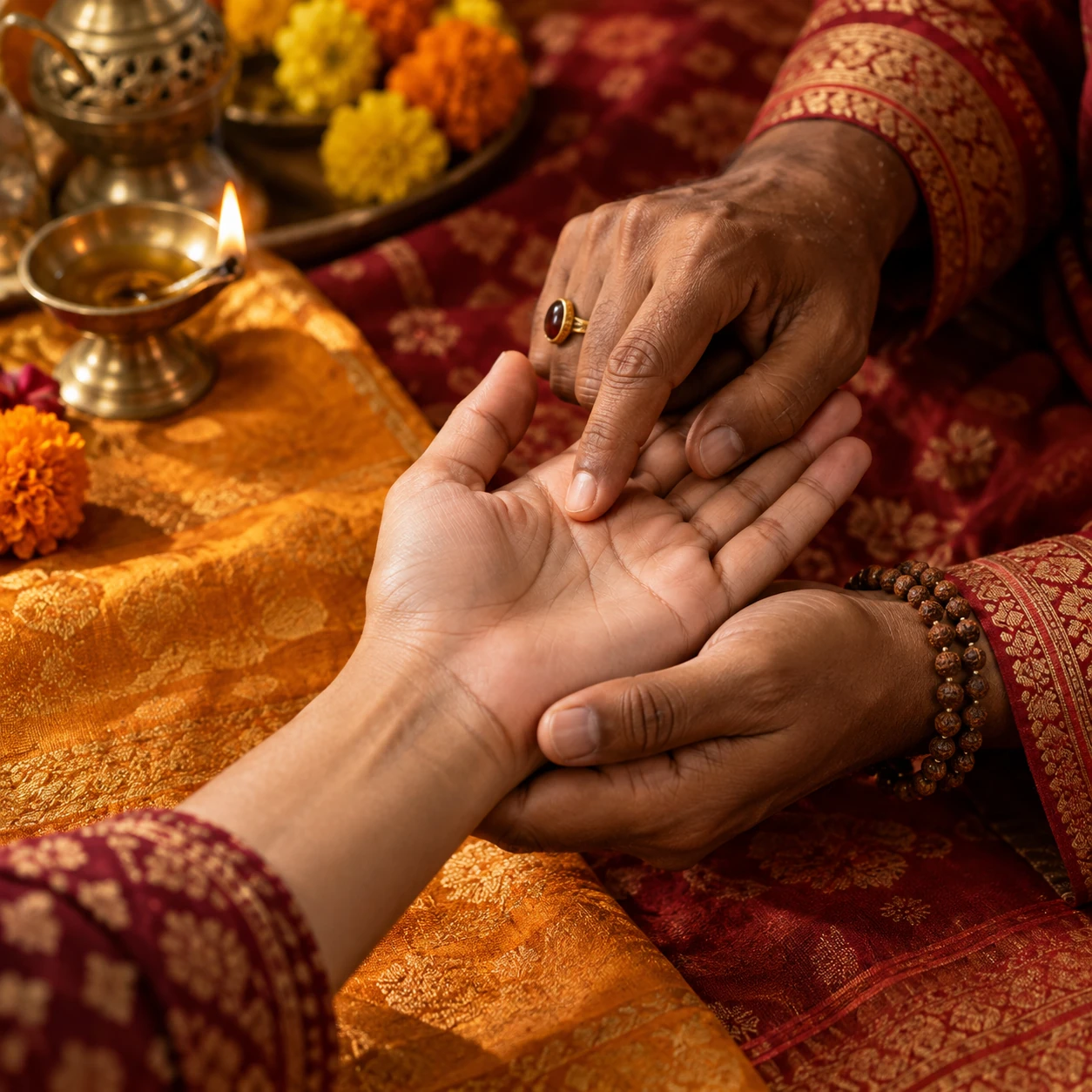 Original palm-reading illustration with a brass diya, marigolds, and saffron textiles
