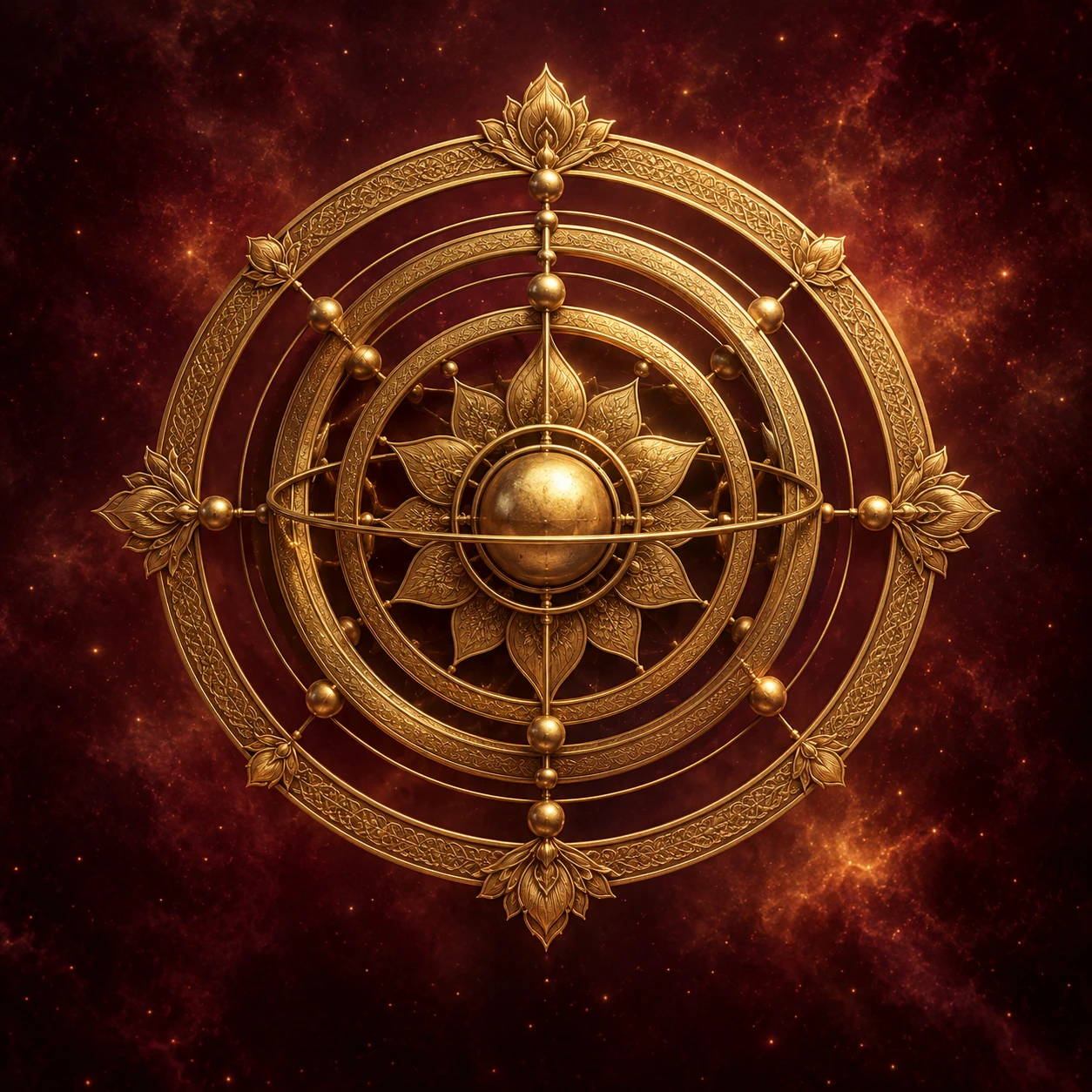 Original gold celestial mandala with lotus motifs against a deep crimson sky