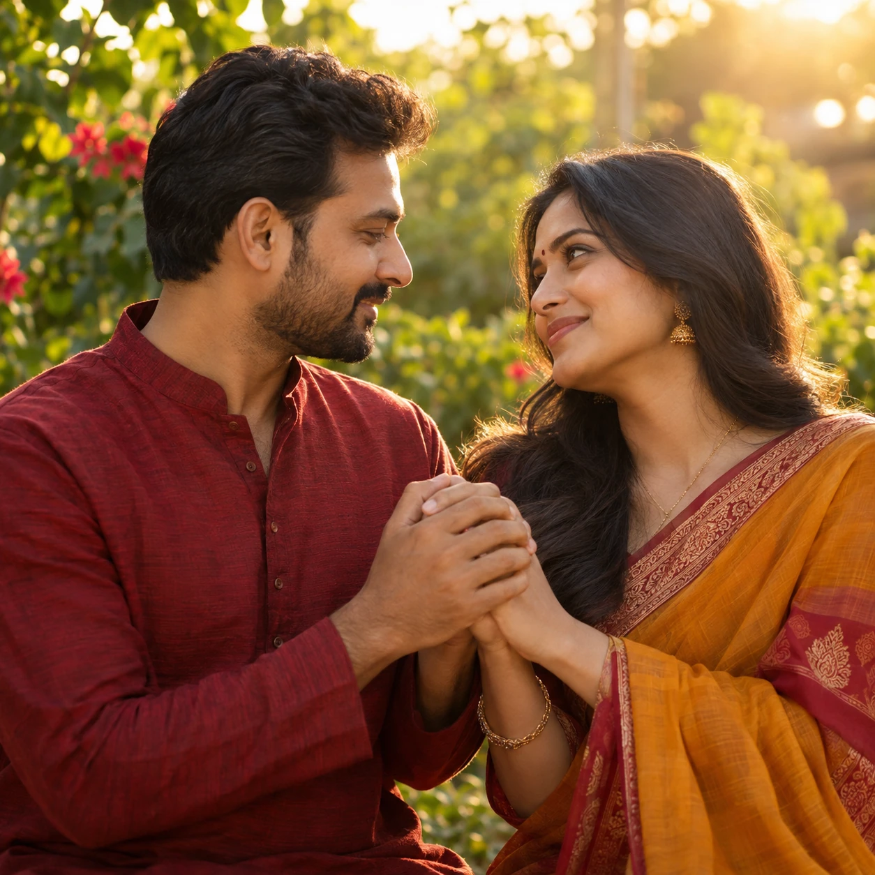 Original illustration of an Indian couple holding hands in a sunlit garden
