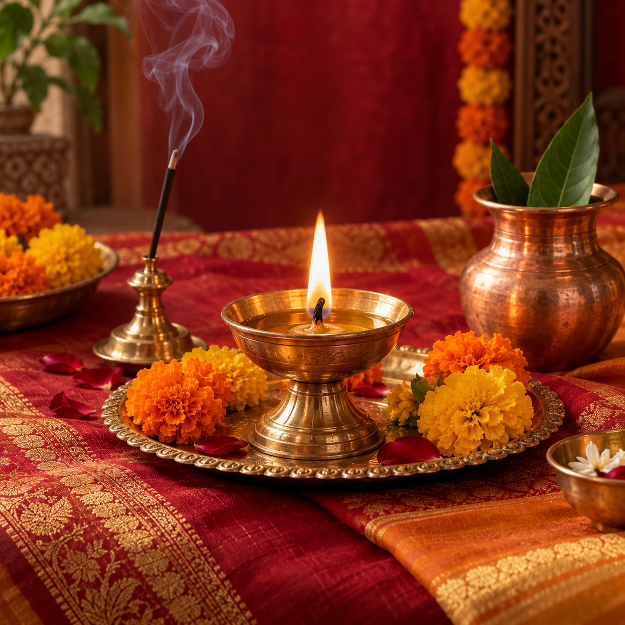 Original Hindu prayer-setting illustration with a brass diya, marigolds, and incense
